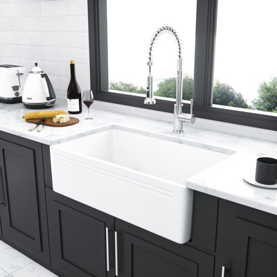 White 30 Inch Apron - Front Ceramic Reversible Single Bowl Kitchen Sink, Easy To Wash Surface, 304 Stainless Steel Dish Grid And Basket Strainer,
