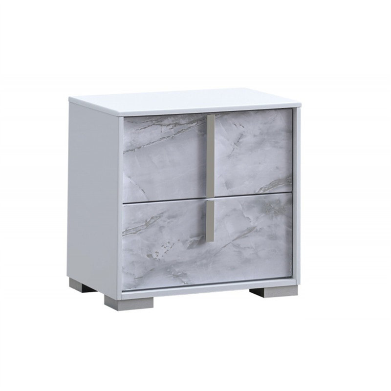 Table de chevet moderne à 2 tiroirs en bois blanc / argent avec laque moderne
