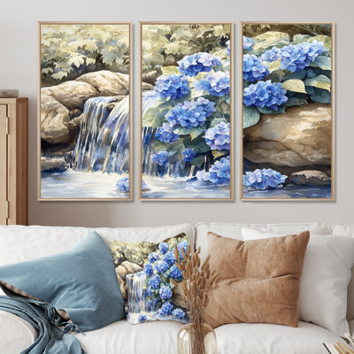 Hydrangées par la cascade III - art mural d'hortensias pour le salon - ensemble de 3
