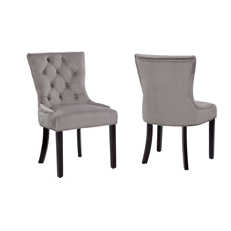 Maliki Diamond Button Tufted Dining Chair with Nail Trim, Velvet Look, Charcoal Gray Velvet