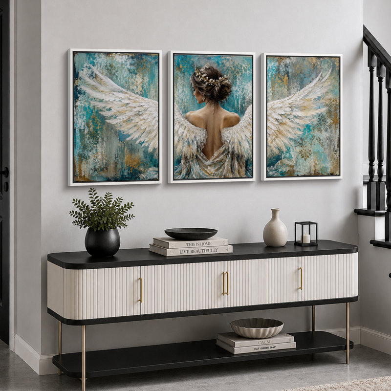 «Teal Angel Woman Winged», reproduction d'art sur toile encadrée, art mural, H 36 po x l 72 po x P 1,5 po, White Frame