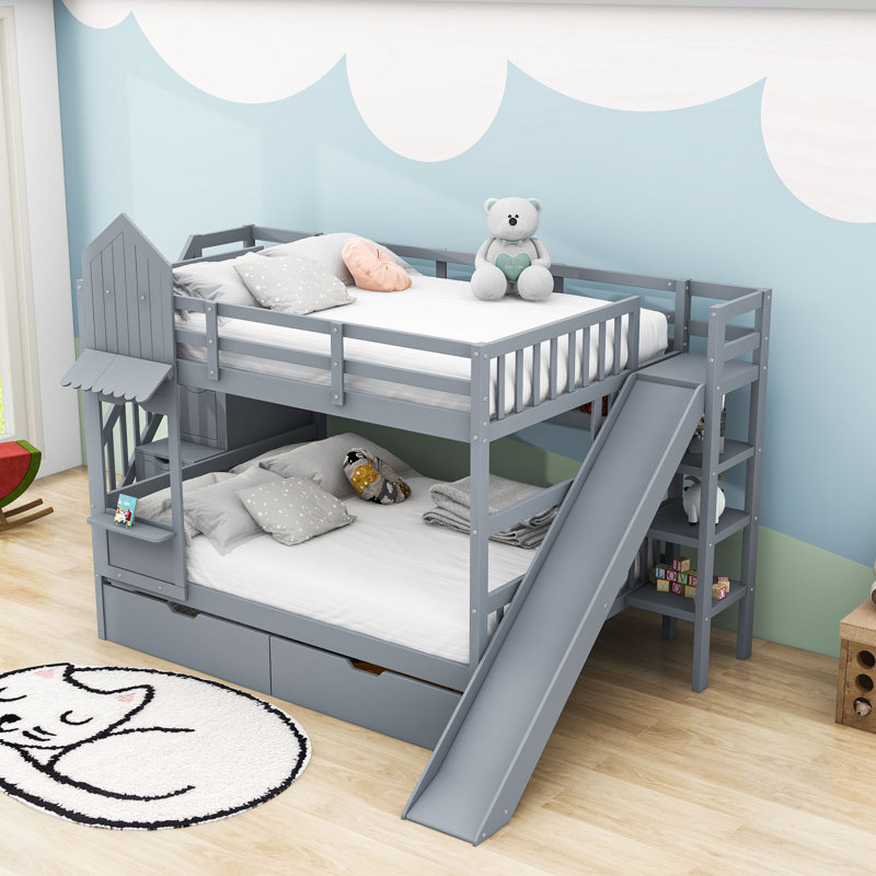 Hayyaan Kids Bunk Bed with 2 Drawers, Shelves and Slide, Gray, Full Over Full