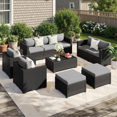 Ensemble de mobilier d'extérieur 7 pièces, canapé modulaire d'extérieur en rotin avec épais coussins imperméables, repose-pieds en osier et housse imperméable, ensemble de conversation pour le jardin
