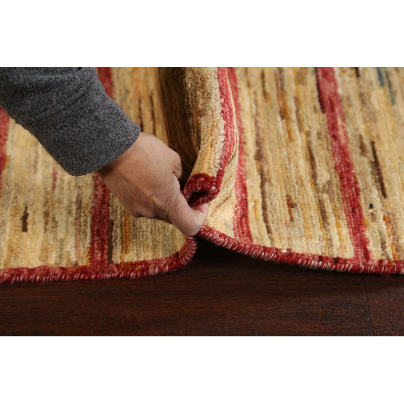 Tapis beige / rouge en laine noué à la main de conception unique 2 pi 10 po x 5 pi 1 po New Age