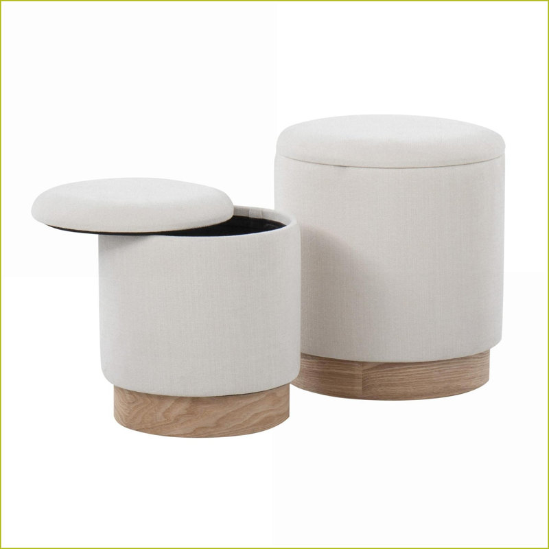 Ensemble de 2 repose-pieds gigognes, base contemporaine en bois naturel en tissu crème | Noyer brun | Bois massif
