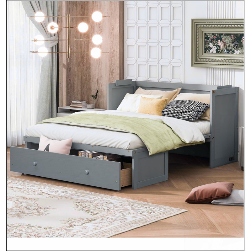  Murphy Bed With USB Port And Large Drawer, Perfect For Space-Saving And Modern Convenience., Grey, Queen