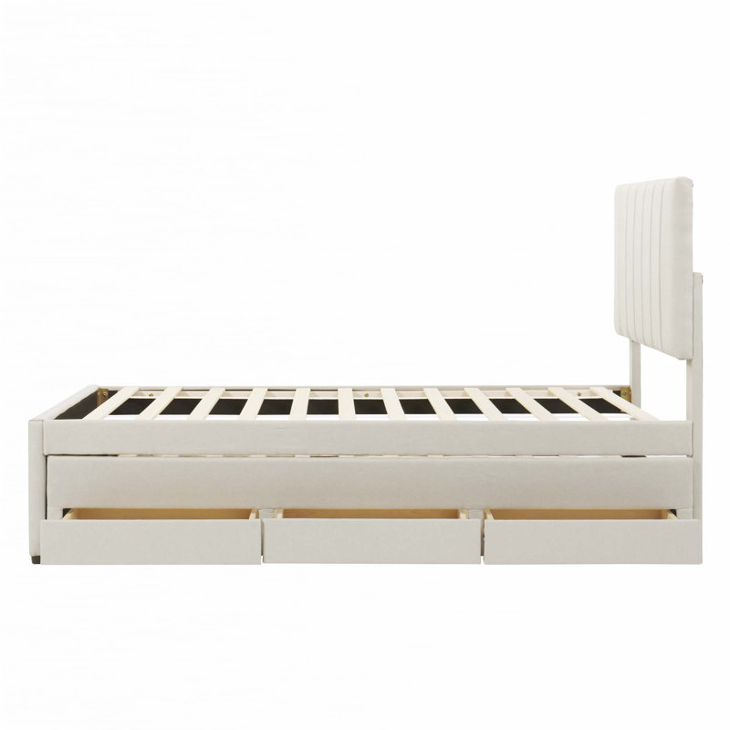 Lit plateforme tapissier avec lit gigogne simple et 3 tiroirs, Beige, Simple