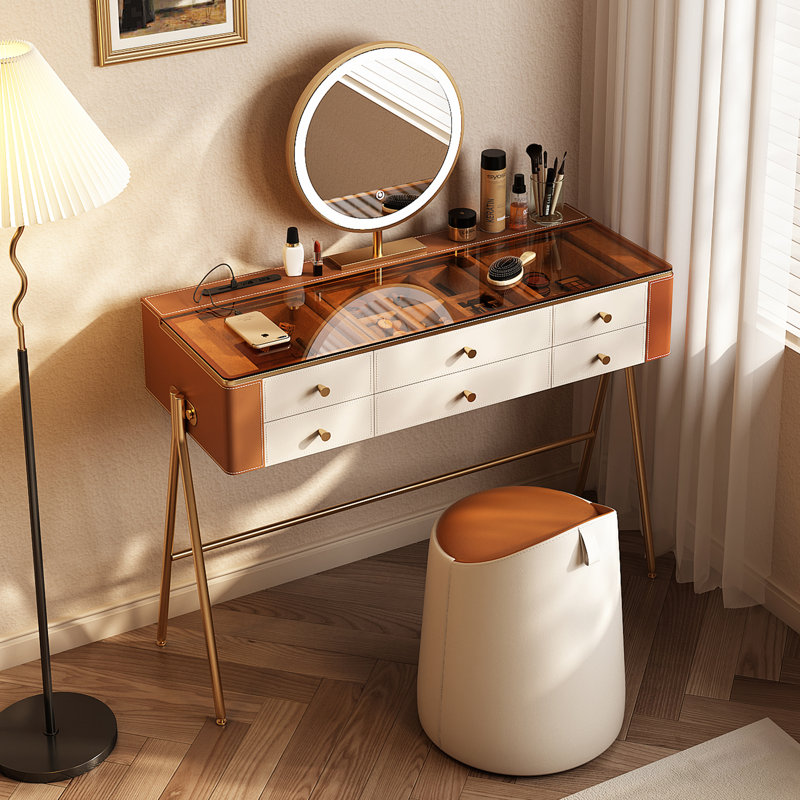 Coiffeuse haut de gamme, finition similicuir grainé, plateau en verre trempé, miroir DEL, prise intégrée, 6 tiroirs, montage très facile