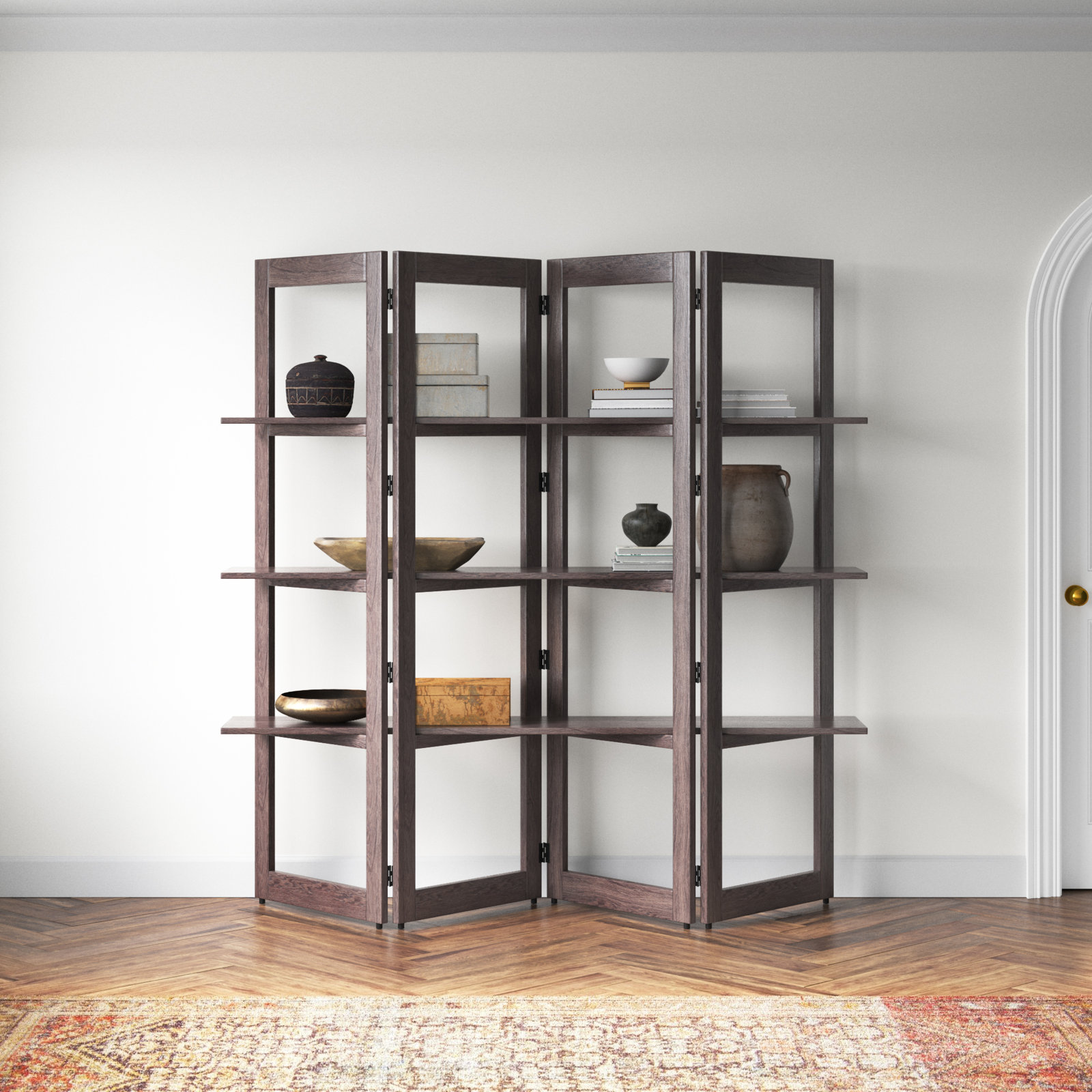 Wide Geometric Bookcase, Dark Brown