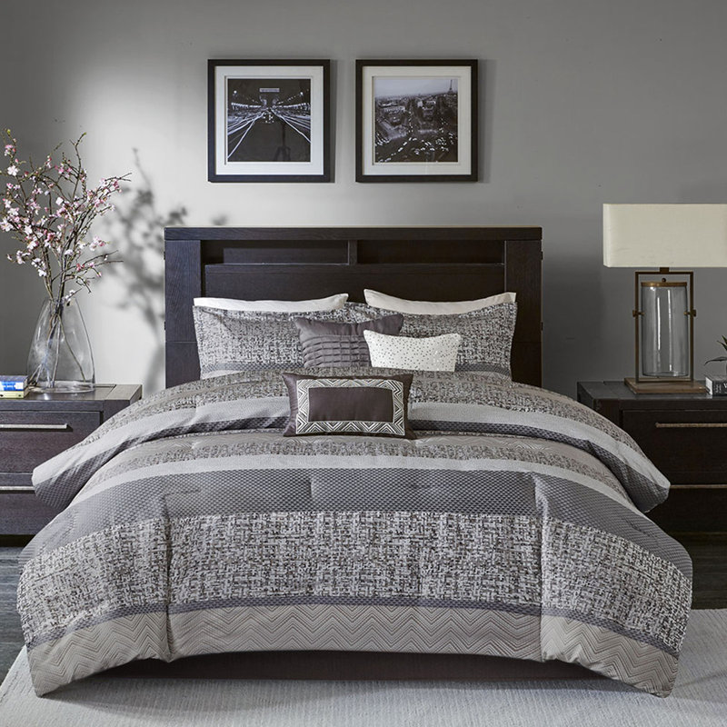 King Bedding - Grey/Taupe Decorative Pillows With Solid Color 7 Piece Comforter Brown Bed Skirt