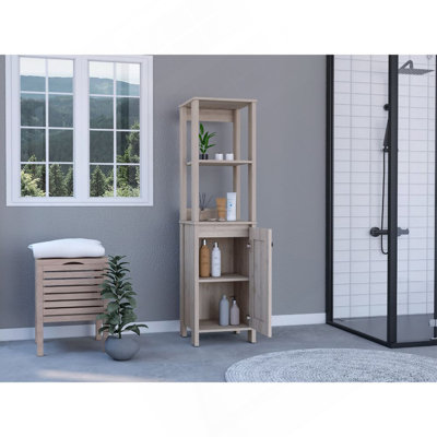 Armoire à linge Jannès, deux tablettes ouvertes, porte simple, finition gris clair