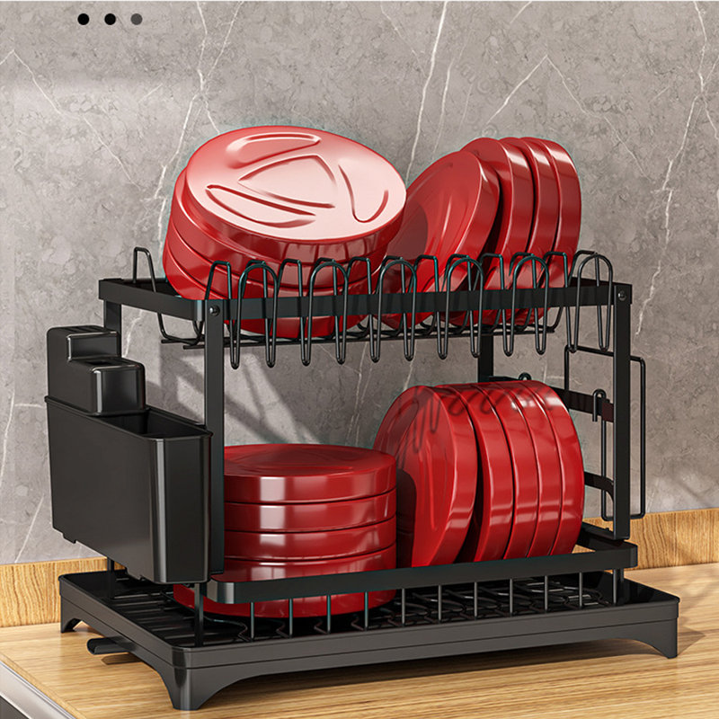 2 Tier Kitchen Sink Dish Drainer Rack With Drip Tray Cutlery Holder Plate Rack Black