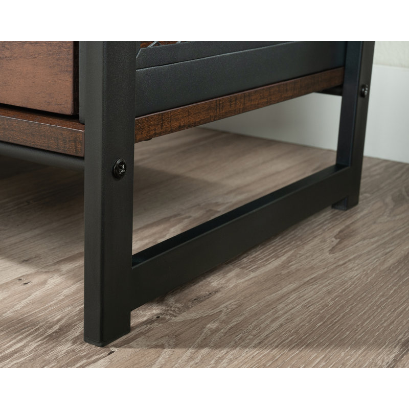 Barrel Oak and Metal Frame Nightstand with Drawer