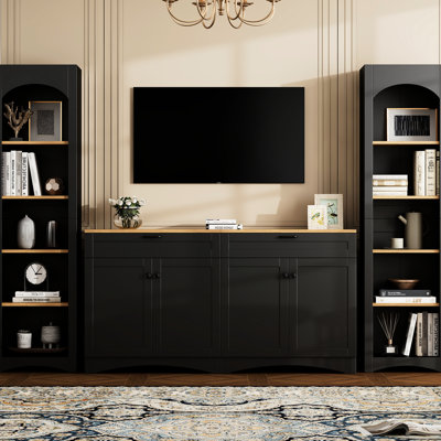 Meuble télé 70 "avec style rustique, bibliothèque de style Mid-Century, buffet à tablettes réglables, rangement central noir et tablettes, Design,