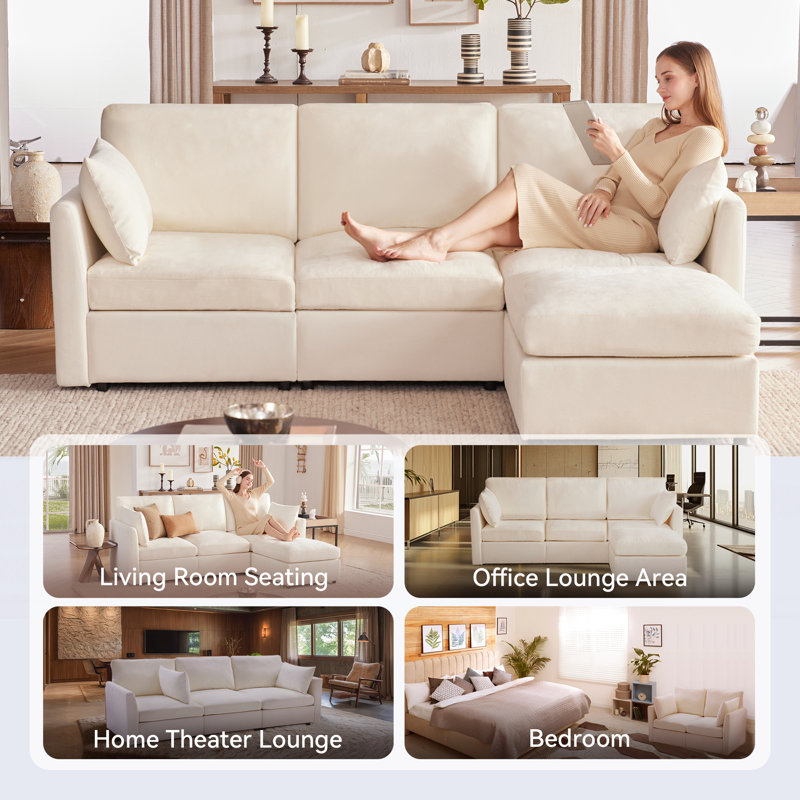Sarang 4-Piece Modular Cloud Couch Reversible Sectional with Ottoman, Beige Chenille