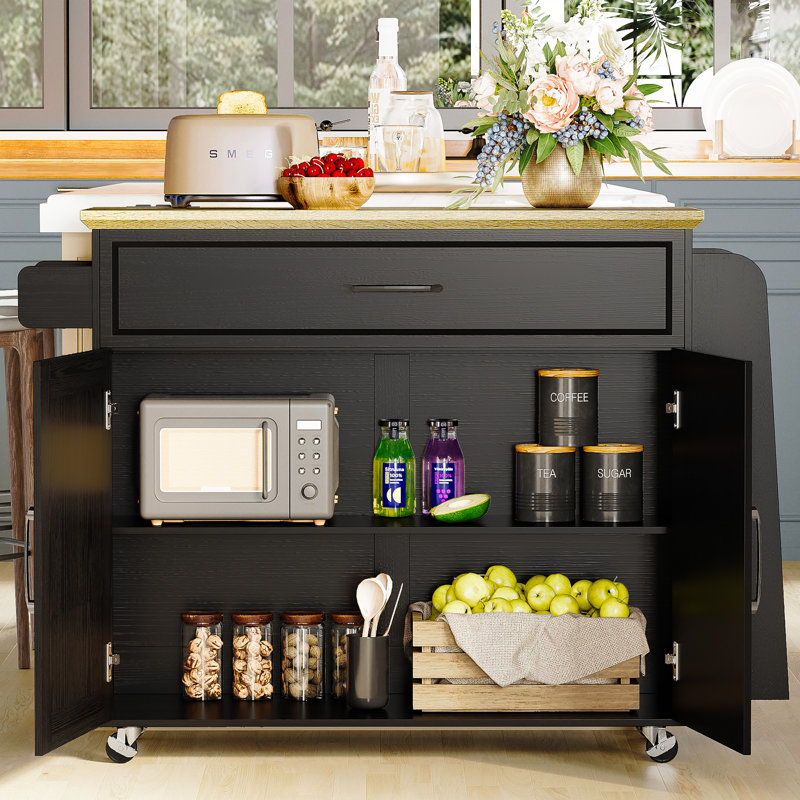 35.4" W Rolling Kitchen Island Table With Drop Leaf, On Wheels, Storage Cabinet, Drawer, Spice Towel Rack, White, Black