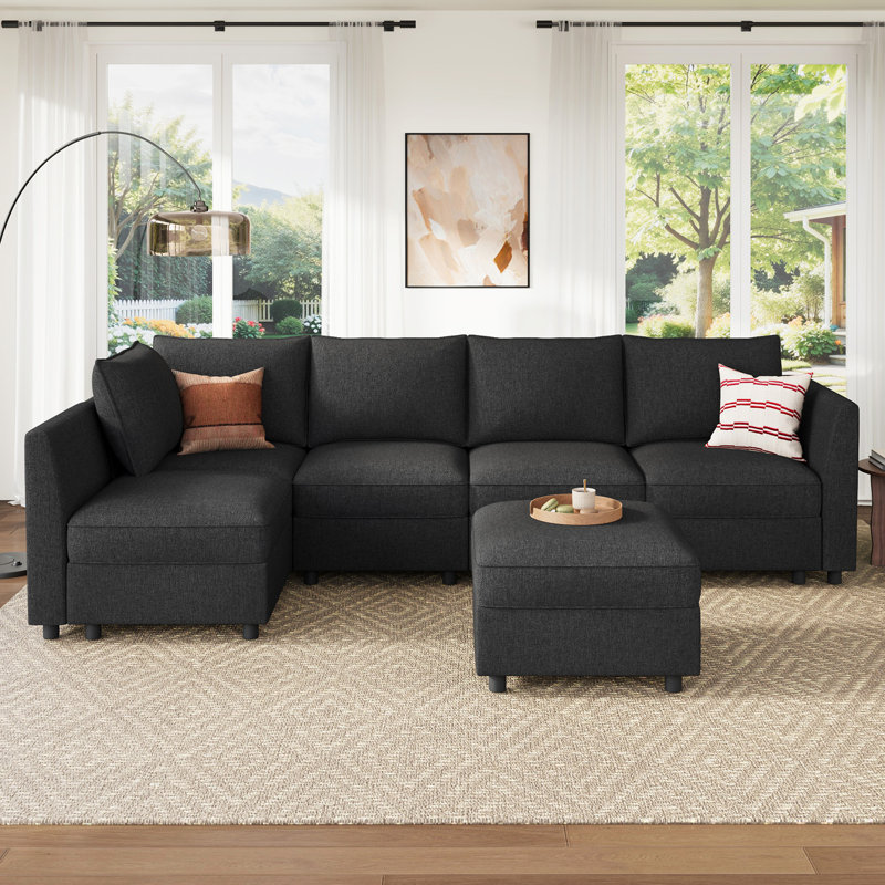 Tremee L-shaped Modular Sleeper Sofa Upholstered Sectional Sofa Couch Dark Grey, Dark Gray Polyester