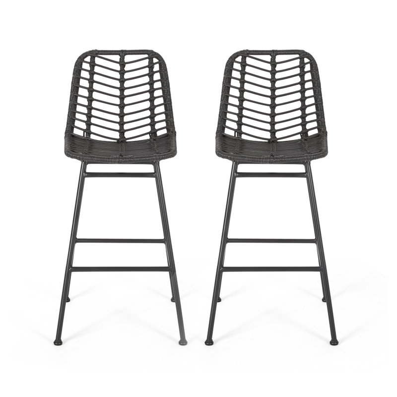 Gray and Black Wicker Outdoor Barstools with Iron Frame, Set of 2