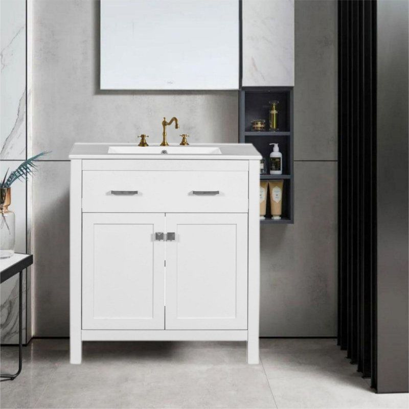 30"Modern Bathroom Vanity with Ceramic Sink, White/Silver