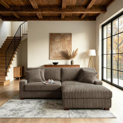 3 - Piece Upholstered Light Brown Faux Rabbit Fur Flannel Modular Sectional Sofa with Throw Pillows & Removable Ottomans