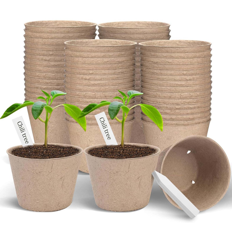 Round Peat Seedling Nursery Pots, 60 Pack, 4" With Drainage Holes, Includes 30 Plant Labels For Garden Use