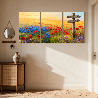 Assortiment de bouquets de fleurs sur fond de champ de fleurs, ensemble de 3 impressions sur toile