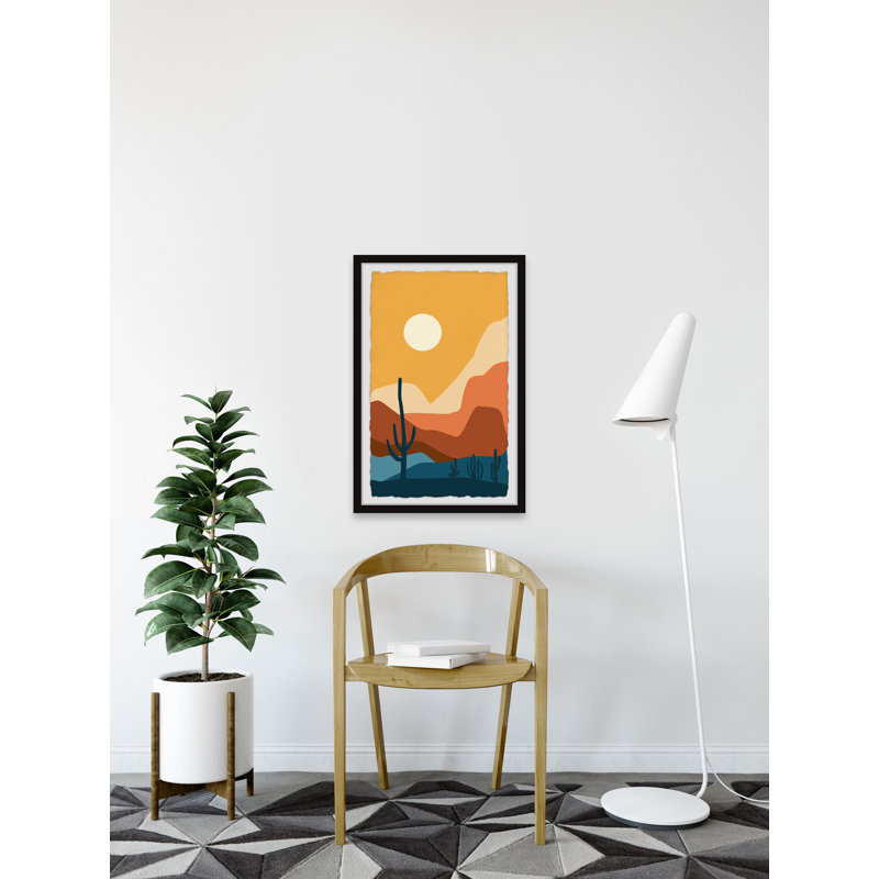 Desert Landscape Print with Cacti and Sun in Black Frame