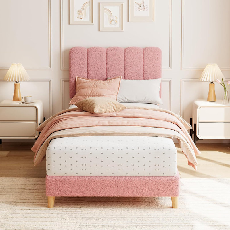 Twin XL Bed Frame, Boucle Upholstered Platform Bed with Wave Headboard for Girls/Kids, Easy Assembly, Wooden Slats Support, No Box Spring Needed, Light Pink