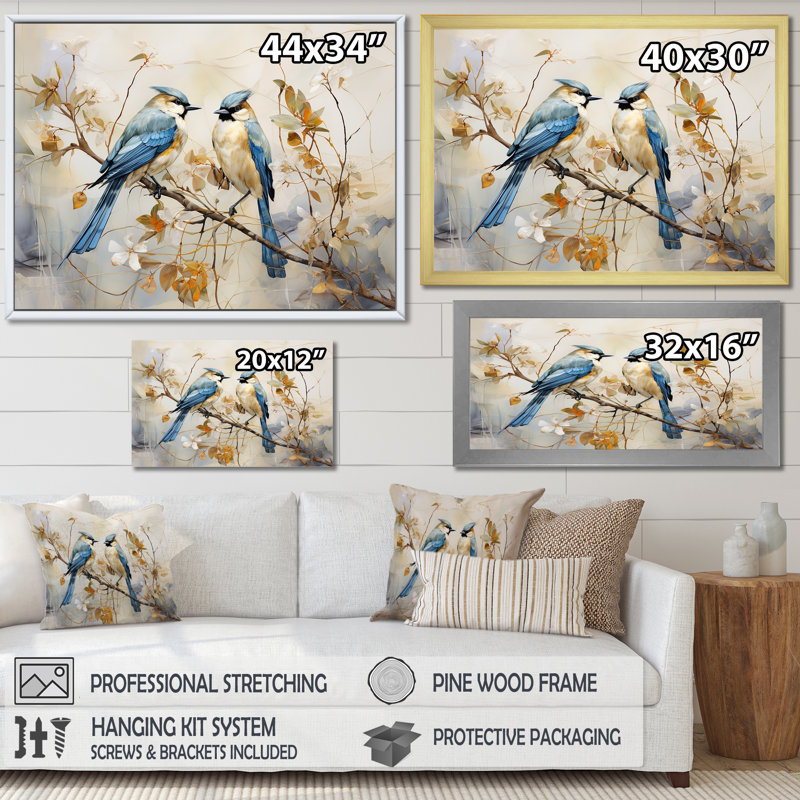 «Minimalisme, oiseaux du paradis, fleurs de cerisier I», reproduction sur toile, H 16 po x l 32 po x P 1 po, Or