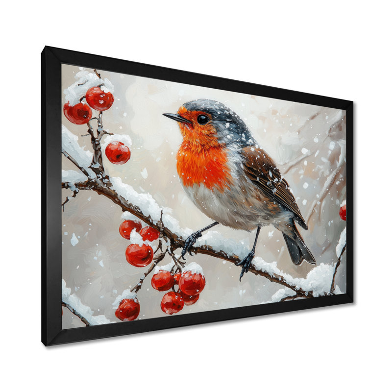 «Winter Robin Bird In The Forest III» - art mural oiseau, H 12 po x l 20 po, Cadre simple, Noir, noir, noir, noir