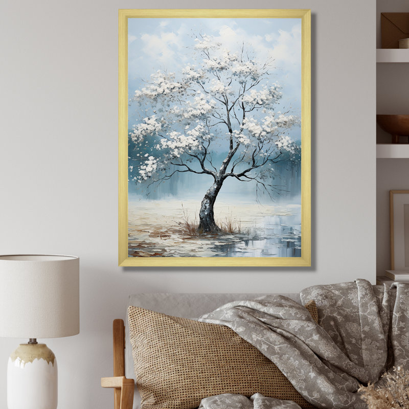 Érable sur fond bleu orageux sur toile, Cadre photo doré simple, H 32 po x l 24 po x P 1 po