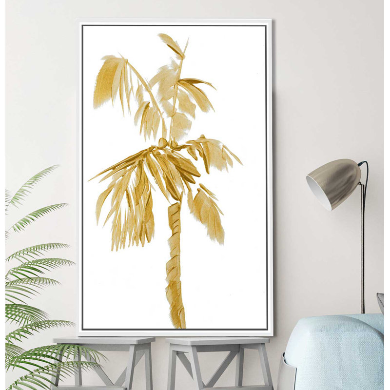 «Gold Palms II», reproduction de peinture à l'aquarelle, H 33,5 po x l 21,5 po x P 2 po, Cadre flottant blanc