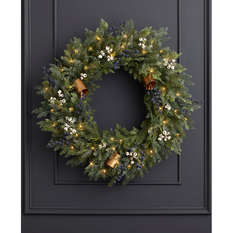 Mixed Mica Foliage with Blueberries and Harmony Bells 30in Wreath Pre-Lit Fairy Lights B/O