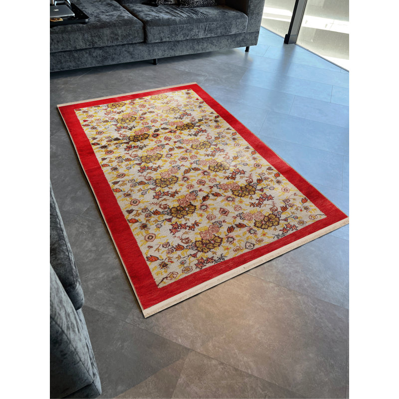 Tapis décoratif moderne à motif floral rouge et beige, Tapis de couloir 3 pi 3,37 po x 9 pi 10,11 po