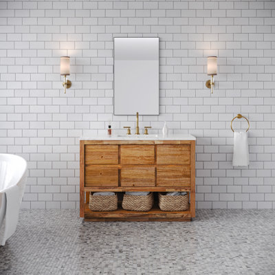 Tessa Mango Wood and White Marble Countertop Bathroom Vanity with Satin Gold Faucet