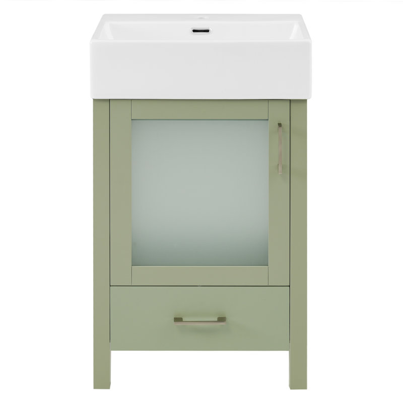 Petit meuble-lavabo de 20 po avec lavabo en céramique, portes en verre givré et charnières à fermeture en douceur - conception moderne peu encombrante