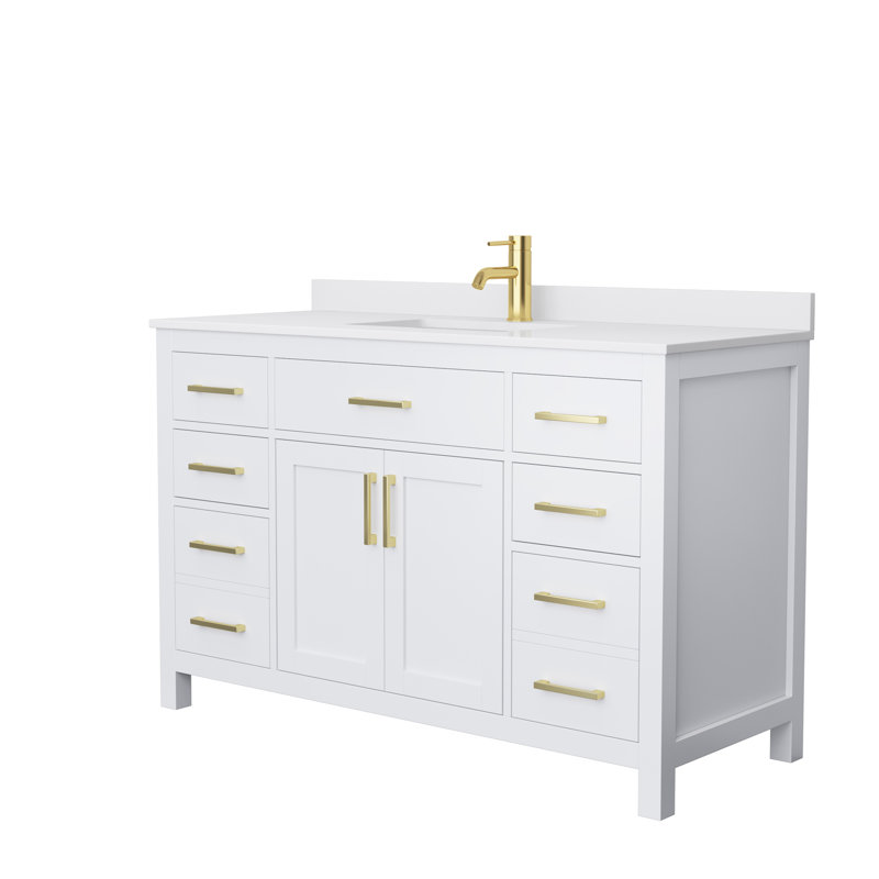 Meuble-lavabo simple autoportant 54 po avec plateau en marbre Beckett, Blanc, Or brossé, Marbre de culture blanc