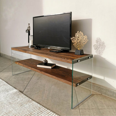 Modern Wall-Mount TV Stand, Walnut Color, 47.2 x 17.7 x 13.8 inches | 100% Pine Solid Wood Frame with 8 mm Tempered Glass Shelves | Numerous Shelves, Space-Saving Design, Perfect for Contemporary Living Rooms