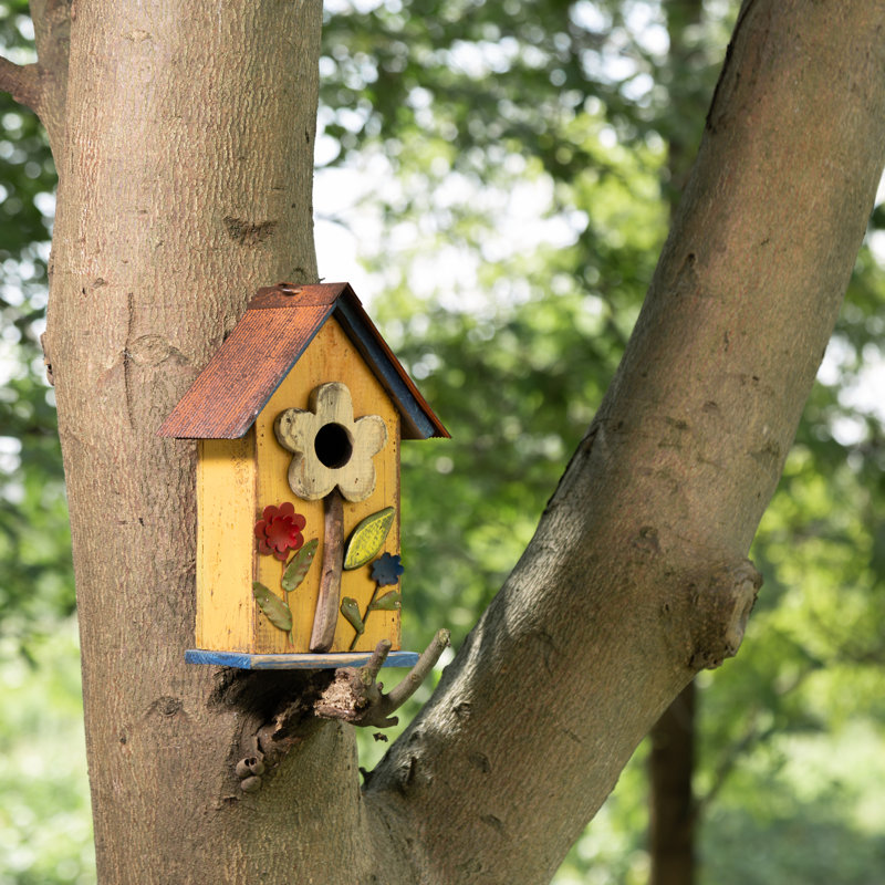 Yellow Distressed Solid Wood Birdhouse with 3D Flowers