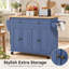 Îlot de cuisine mobile bleu marine avec plateau en bois massif, table mobile de 111 cm (43,7 pouces) sur roulettes avec placards de rangement, tiroirs et étagères réglables