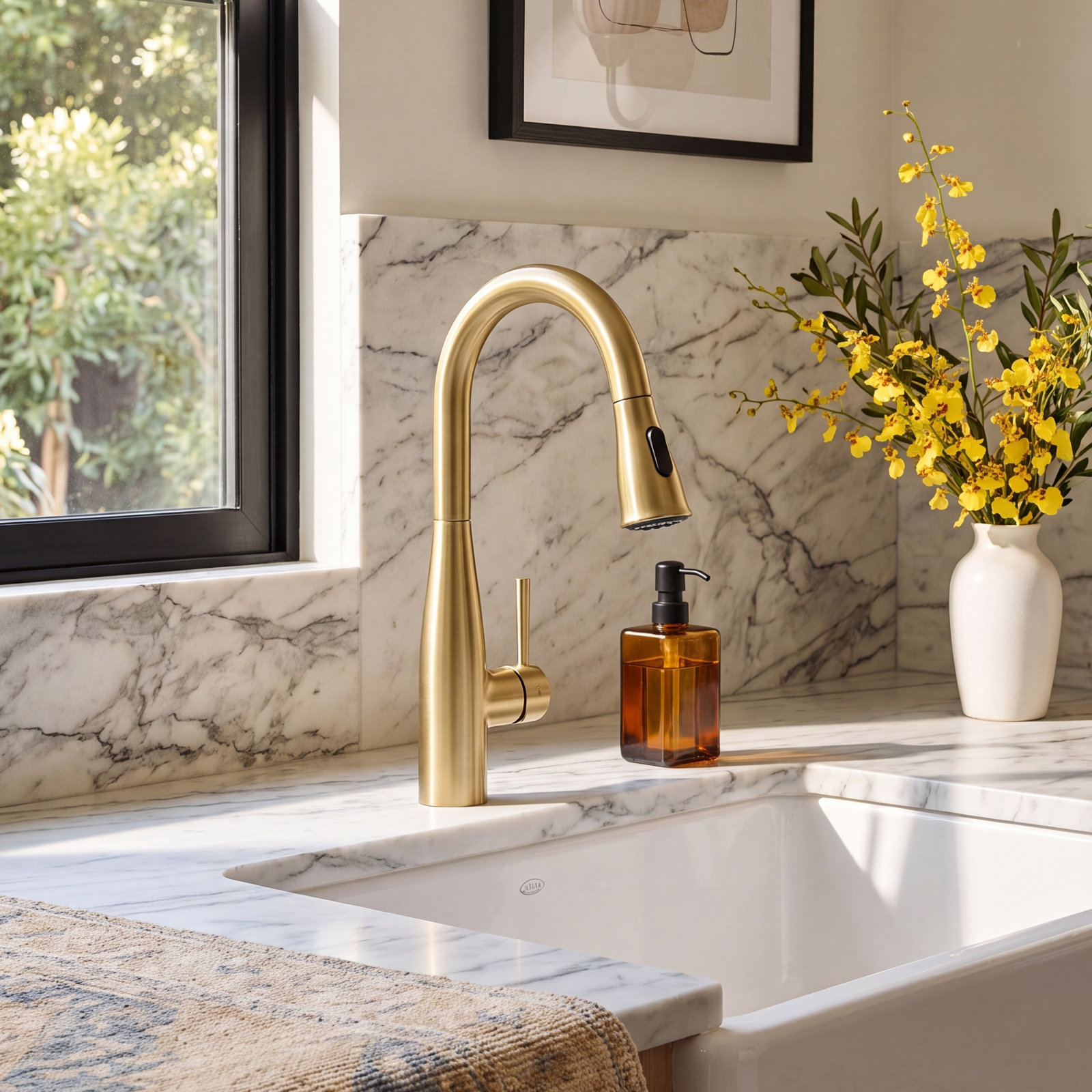 Bari Pull-Down Faucet with Soap Dispenser, Brushed Gold