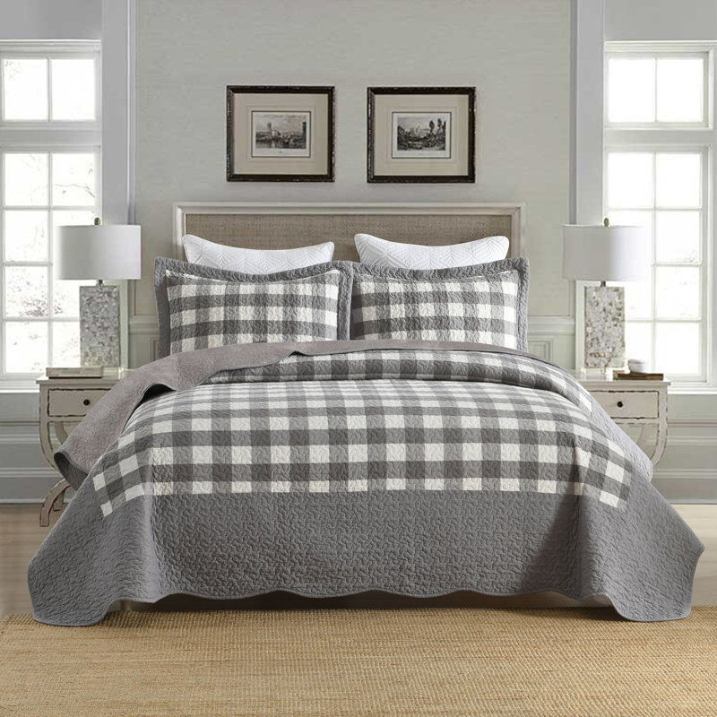 Ensemble de couvre-lit 3 pièces 3 pièces, Courtepointe pour très grand lit et 2 taies déco, Carreaux gris