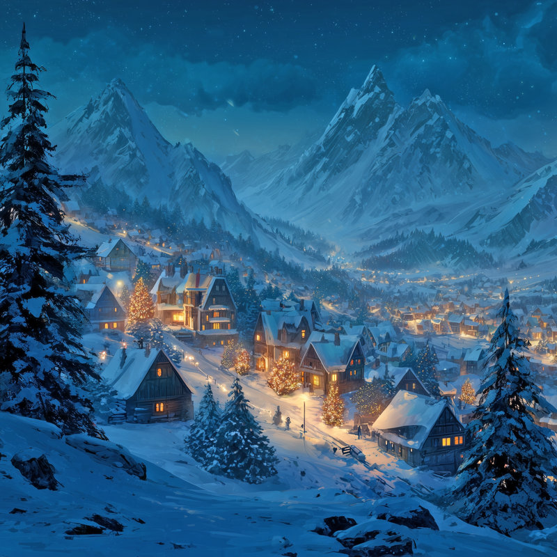 «Festive Forest Cabin Night», art mural sur toile, 12 po x 12 po