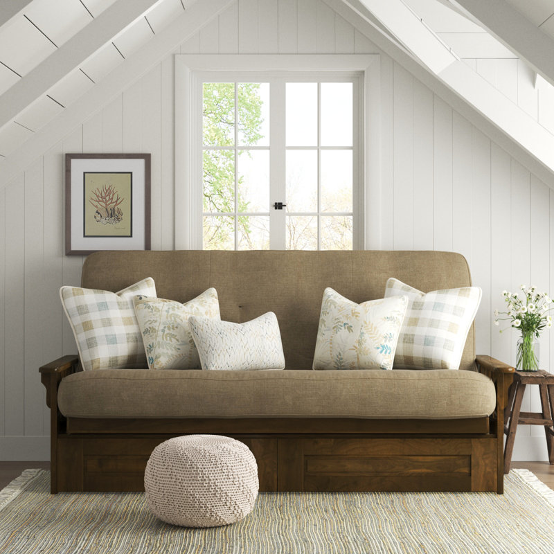 Stratford Queen 87" Wide Futon Frame and Mattress with Drawer Set, Linen Stone Polyester