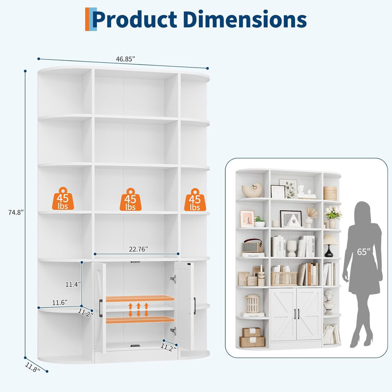 Modern 75" Tall 6-Tier Wide Wooden Children's Bookshelf with Storage Cabinet and Doors - Organizer & Display Shelf for Kids' Room, Bedroom, Living Room, Home Office