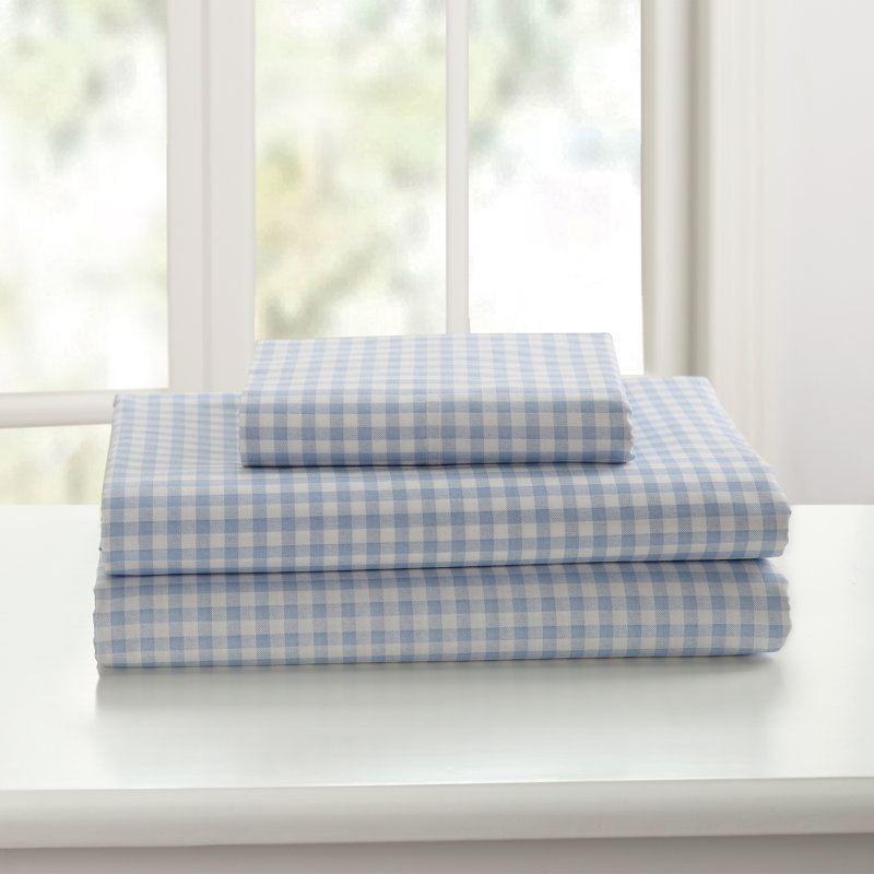 Gingham 250 Thread Count Plaid 100% Cotton Percale Sheet Set, Blue, Queen Sheet Set with 2 Standard Pillowcases