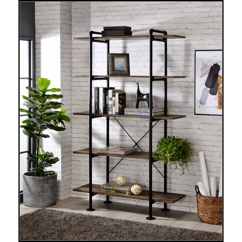Rustic Oak And Black 5-Shelf Bookcase With Ample Storage And Modern Elegance, Perfect For Home And Office Use.