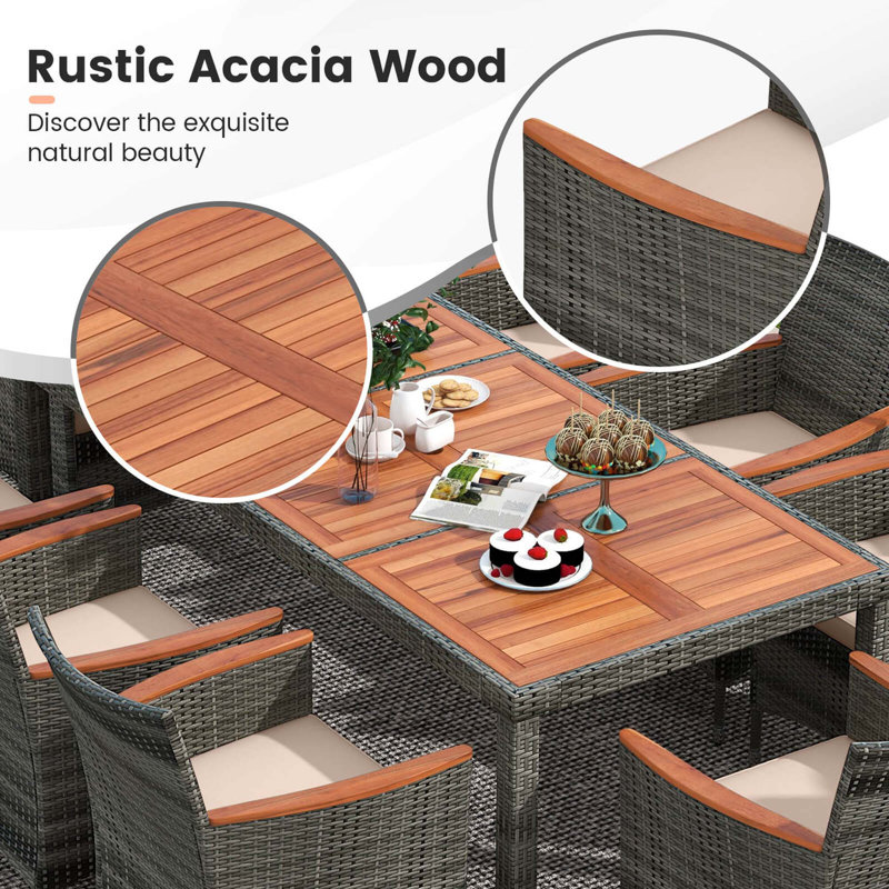Red Barrel Studio® 10 Pieces Patio Wicker Dining Set With Double-sided Patio Umbrella 8 Armchairs Coffee, Gray