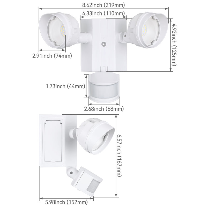 Lumière de sécurité à double tête 30w avec prises Gfci, capteur de mouvement et projecteur crépuscule à l'aube, blanc, Blanc