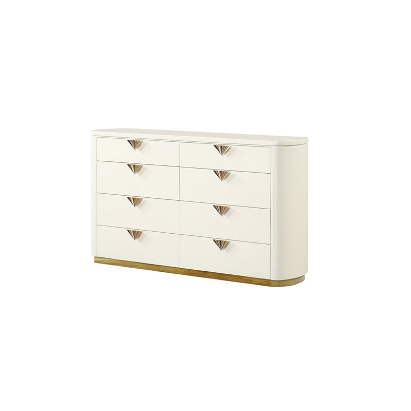 Commode 8 tiroirs de style moderne en bois et accents dorés de couleur beige